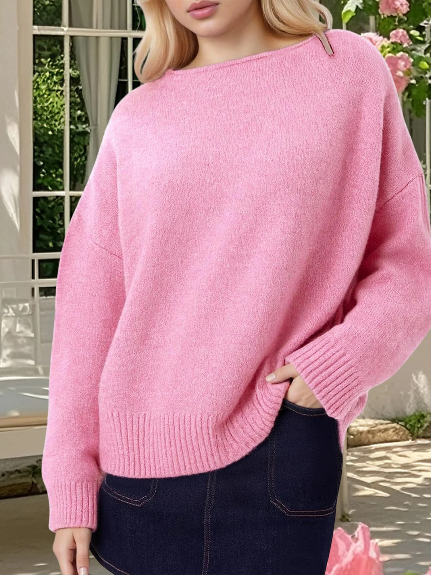 Women s Boat Neck Sweater Loose Fit Off Shoulder Casual Stylish Solid Ribbed Trim Backless Long Sleeve Knit Top with a Twist