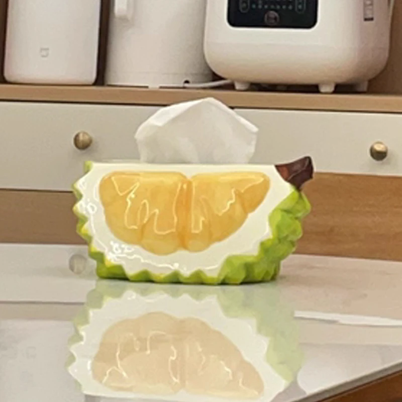 Creative Ceramic Fruit Durian Shaped Tissue Box Light Luxury Napkin Box Home Living Room Bedroom Hotel Tea Table Decoration, 1Pc