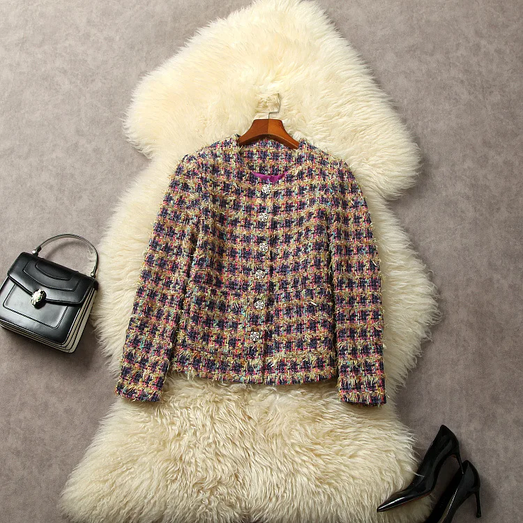 

European and American women's dress 2023 winter new Round neck long sleeve single breasted color fashion The tweed jacket