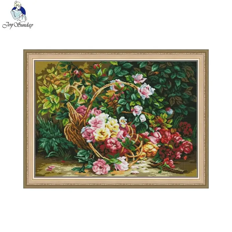JoySunday DIY Rosa Sinensis Muster Gedruckt Kreuzstich Kits Aida 16/14CT Weiß Stoff Leinwand Nadel Stickerei Sets Home Decor
