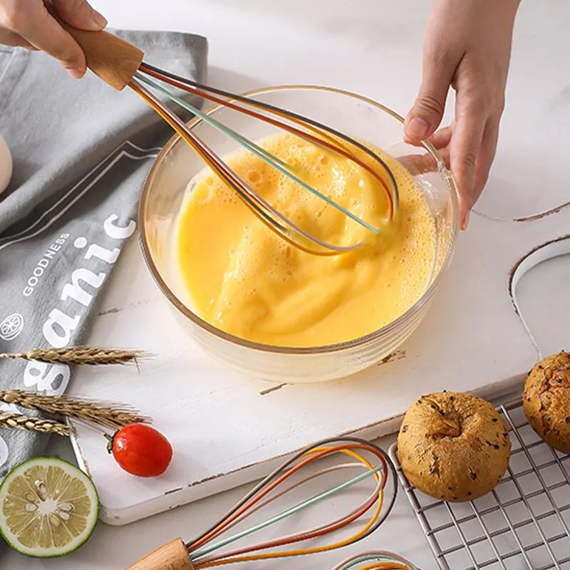 Rotary Whisk Kitchen Stainless Steel Whisk Creamer Semi-automatic Rotary Whisk Beech Wood Vase Handle Hand Mixer G041