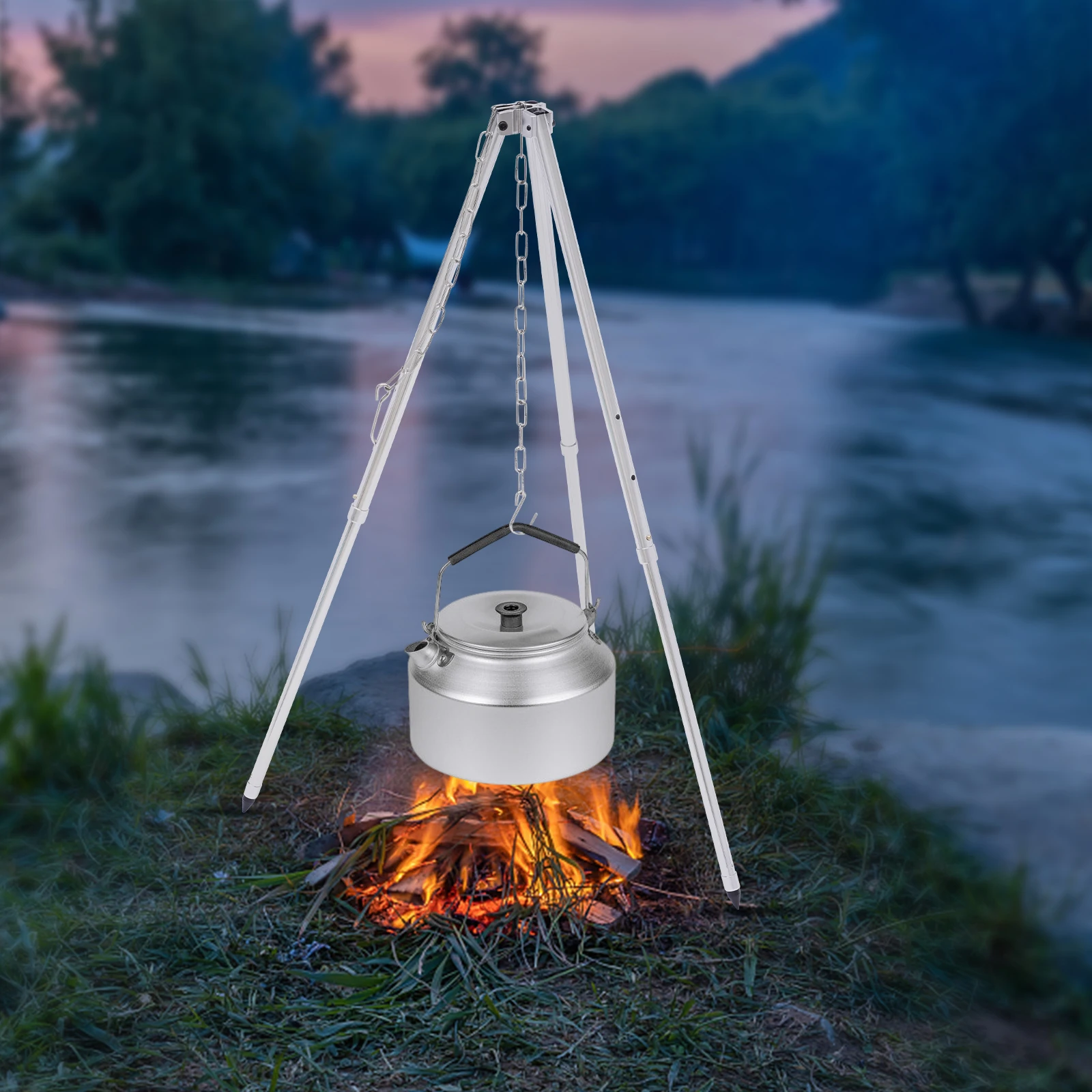 Camping Tripod Lantern Tripod Hanger with Storage Bag for Outdoor Camping Stainless Steel Triangle Hanging Pot Rack