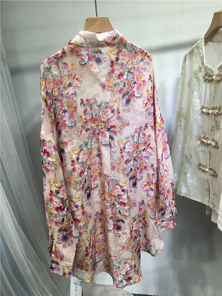 2024 Summer Rhinestone Sun Protection Shirts Women's Lightweight Breathable Floral Bead Shirt Long Sleeve Loose Mid-Length Shirt