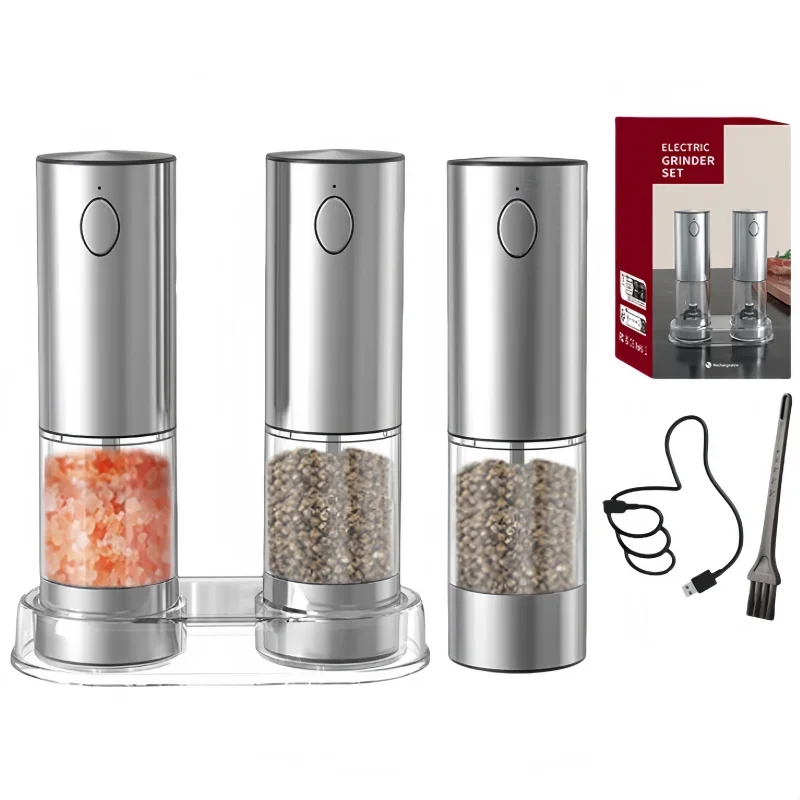 Electric USB Rechargeable Salt Pepper Grinder Set Adjustable Coarseness Auto Grind LED Light Refillable Mills Kitchen Tools