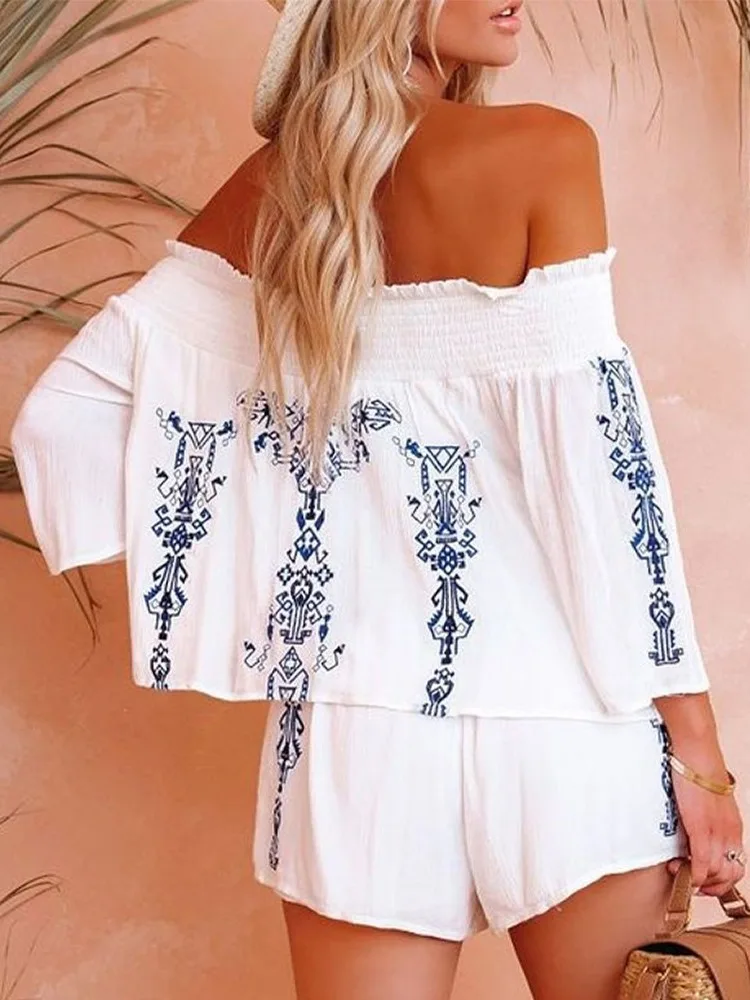 2023 Autumn Set of Two Fashion Pieces for Women Outfits Plants Print Off Shoulder Bell Sleeve Top & Shorts Set Casual Ropa Mujer
