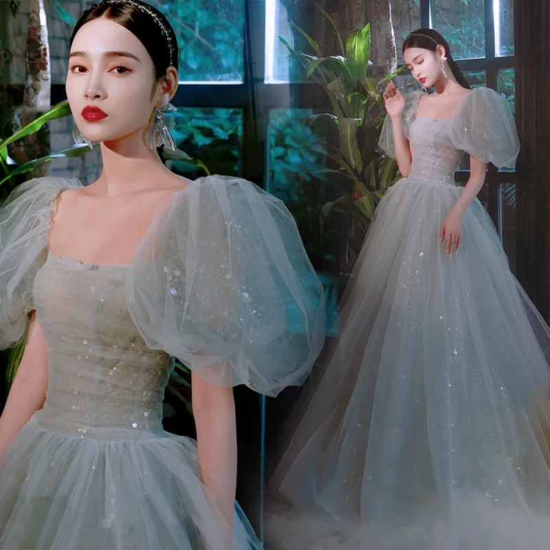 

Lady Princess Gauze Skirt Flash Bubble Sleeve Banquet Performance Costume Bride Wedding Dress Temperament Elegant Fairy Vestidos