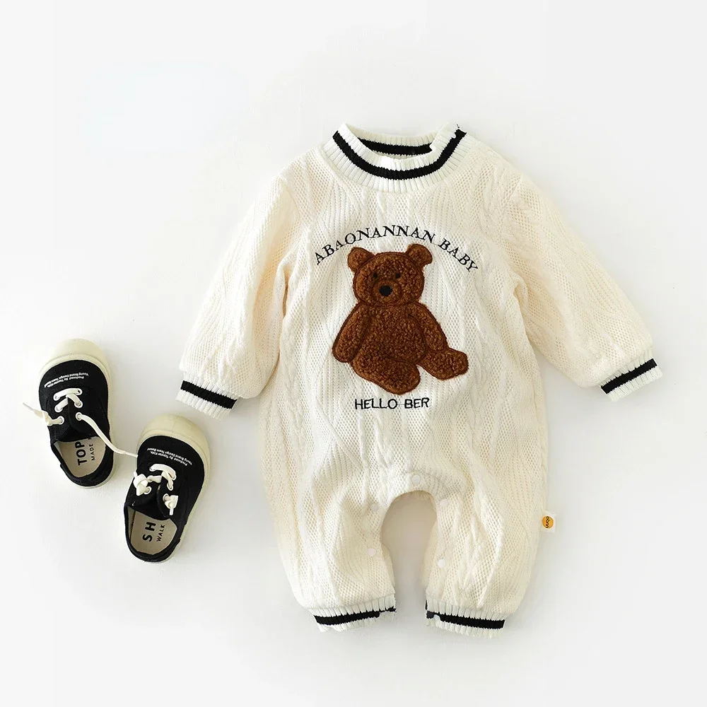

Boy and Girl Thickened Wool Teddy Bear Climbing Suit Newborn Baby Cute Knitted Sweater Jumpsuit Autumn Winter 0-24M Sweet Romper