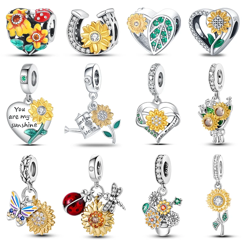 100% 925 Sterling Silver Bees Heart Shaped Sunflower Flower Charms Beads Fit Pandora 925 Original Bracelet DIY Fine Jewelry Gift