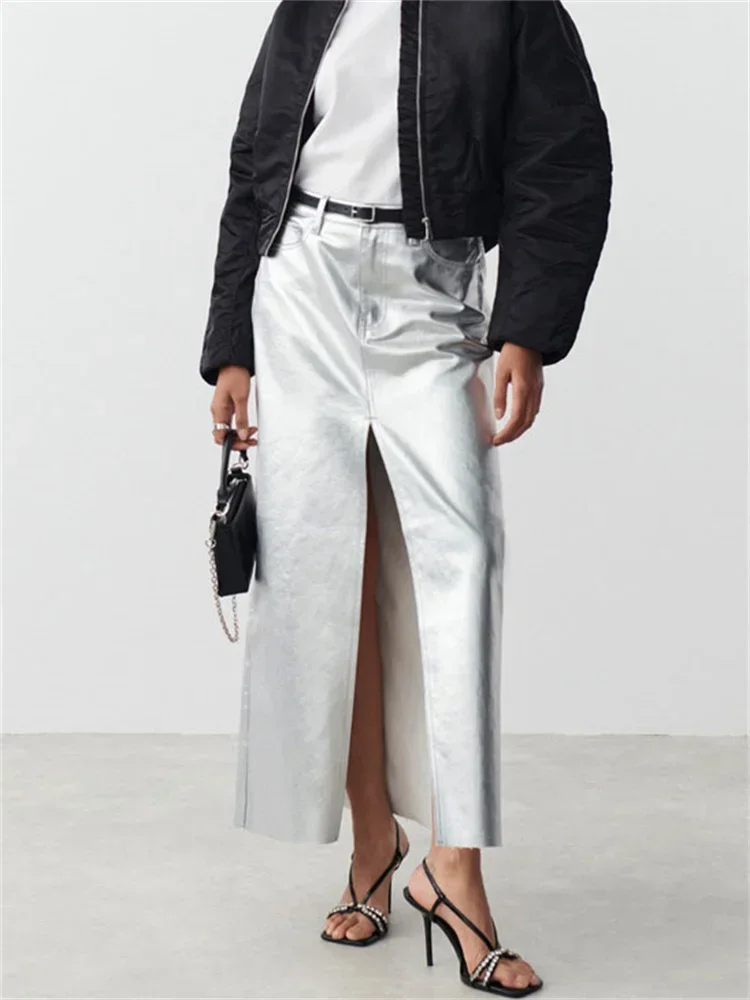 Autumn New Silver Skirts For Women Metallic PU Front Split Slim High Waist Bodycon Maxi Skirt With Pocket Y2K Streetwear