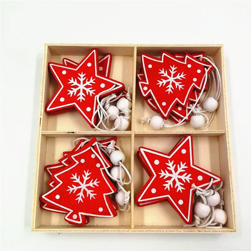thumbnail image 1 of 12 piezas/St nueva decoración navideña colgante de madera pura alce campana copo de nieve estrellas colgante de madera árbol de Navidad colgante decoración suministros, 1 of 4