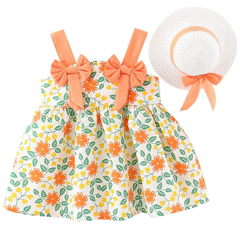 2Piece Summer Clothes Baby Girls Boutique Outfits Korean Cute Bow Sleeveless Beach Dresses Newborn Flowers Dress+Sunhat BC018 - Image 6