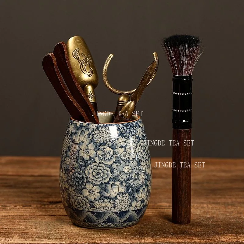 Vintage Blue and White Ceramic Tea Ceremony Six Gentlemen Tea Clip Brush Organizer Tea Accessories Set Accessories