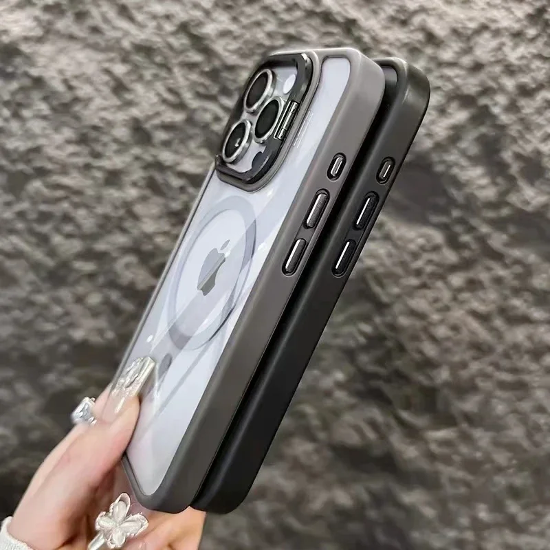 Premium Transparent Magnetic Wireless Charging Case with Metal Stand and Glass Lens Protection