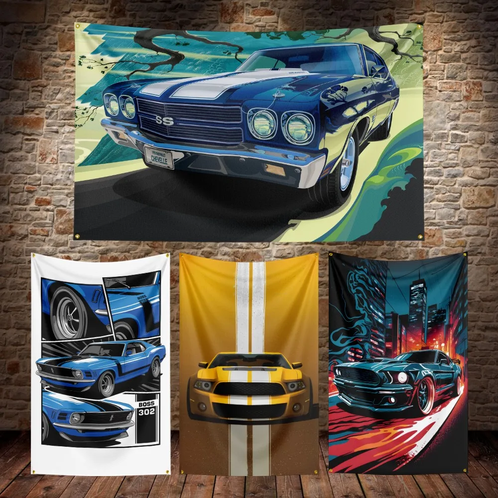 3X5Ft Muscle Racing Mustang Flag Polyester Digital Printing Car Banner For Decor