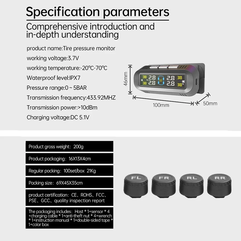 Car Tire Pressure Monitor Smart TPMS 4 External Sensors Display Solar Intelligent Tyre Pressure Temperature Warning