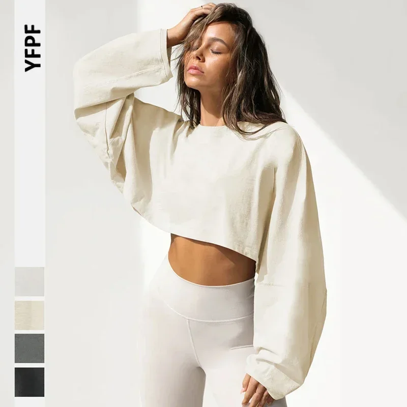 Y2k Women Round Neck Casual Sweatshirt Sport Coat Pullover Harajuku Solid Long Sleeve Crop Feminino  Top Oversized Short Jacket
