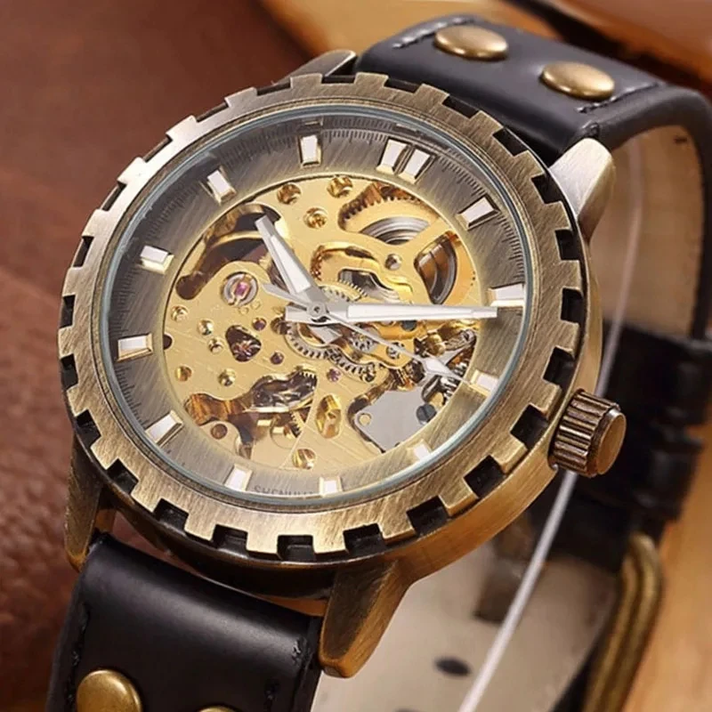 

SHENHUA Bronze Automatic Mechanical Watches Men Hollow Skeleton WristWatches Leather Strap Luminous pointer Male Clock