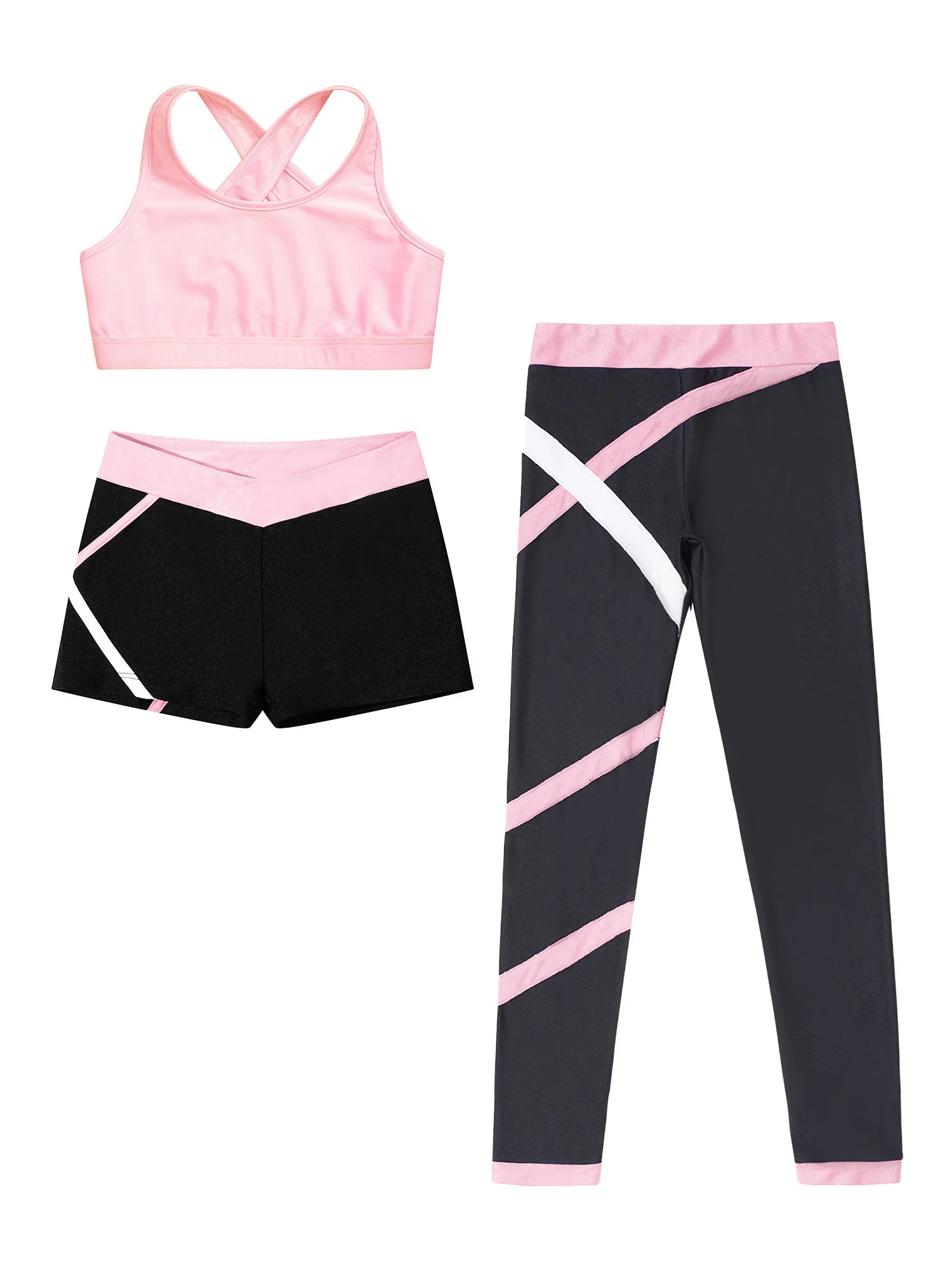 Kinder Mädchen Gymnastik Training Praxis Fitness Anzug 3Pcs Eiskunstlauf Bh Tops + Hosen Set Tank Top Shorts Leggings hosen – Detail 4
