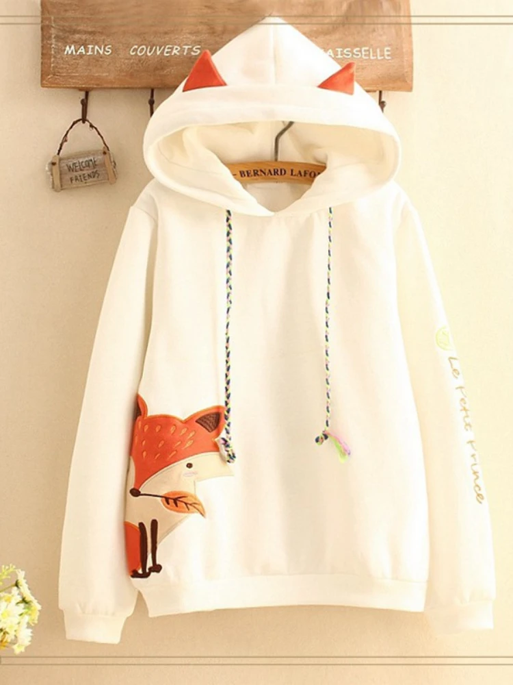 

Autumn Cute Fox Embroidered Hooded Sweatshirt Women Clothing Pullovers Plus Velvet Patchwork Female Sweet Thick Warm Hoodies