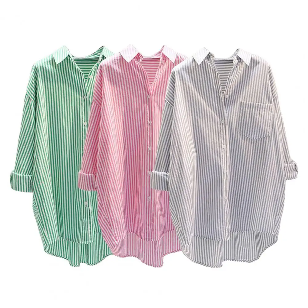 

Короткая женская рубашка с застежкой спереди и длинным сзади, стильная женская рубашка в полоску с цветными застежками, с накладным карманом, однобортный дизайн, уличная одежда