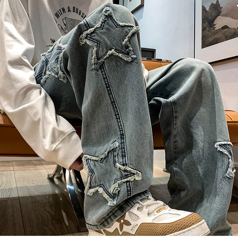 High Street Tide Brand Casual Jeans Men's  Loose Handsome Student Korean Fashion     Brand Clothing Straight Wide Leg Trousers