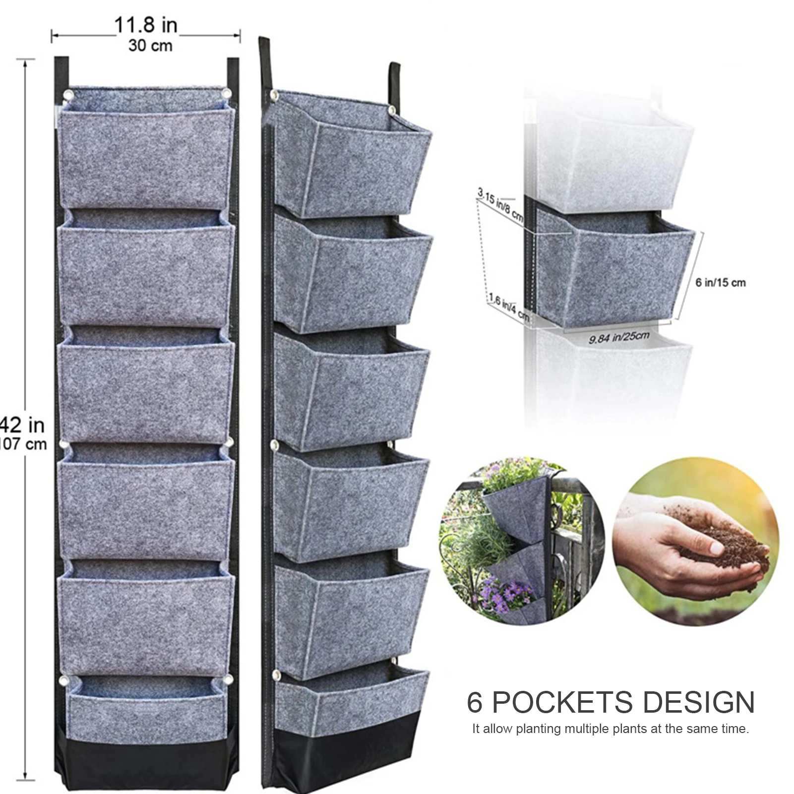 Hängende Pflanztaschen mit 6 Taschen, vertikale Garten-Blumentöpfe, Pflanzgefäß, hängende Pflanztaschen für den Garten