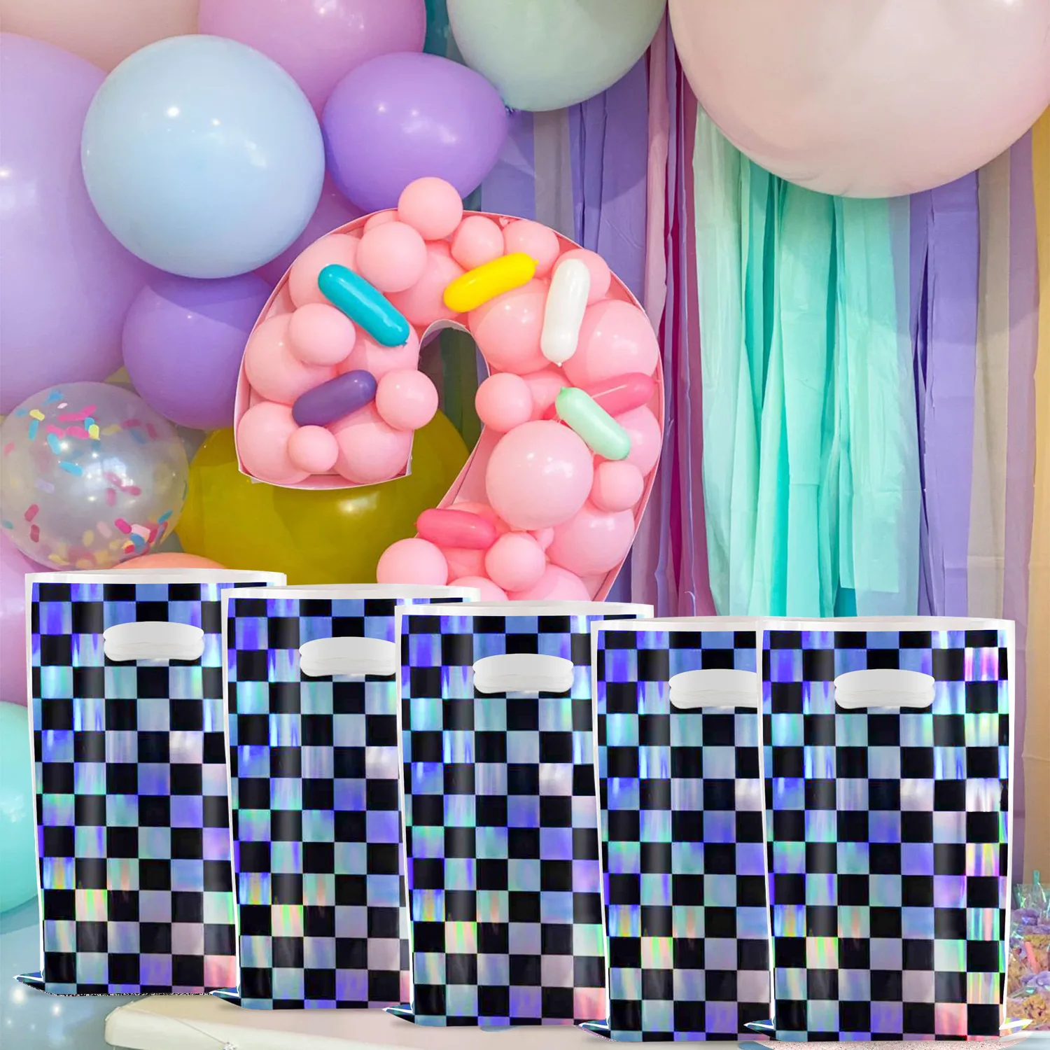 Race Car Party Favor Gift Bag Disco Shiny Iridescent Laser Candy Treat Bag Holographic Black and White Checker Goodie Loot Bag 3