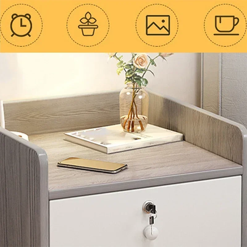 Modern Simple Nordic Bedside Table, Drawer with Lock, Multi-Layer Storage, Nightstand Sideboard, Compact Bedroom Furniture