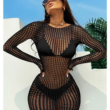 1PC Women Fishnet Cover Up Without Bikini Sexy Lingerie See Through Hollow Out Bodycon Dress Long Sleeve Beachwear DS036 1