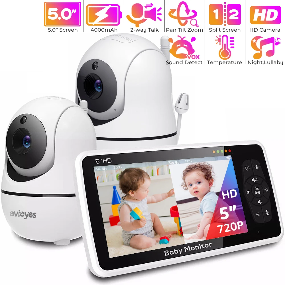 

HD Baby Monitor with 2 Cameras 5'' LCD Screen Pan-Tilt-Zoom Babyphone No WiFi 2-way Audio Baby Camera Night Vision Nanny Monitor