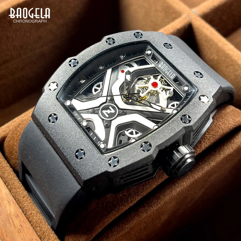 BAOGELA Stainless Steel Black Quartz Watch Men Analog Sport Wristwatch with Silicone Strap Luminous Hands Tonneau Dial Star 4143 0 10v analog programming signal isolator 4 20ma output signal converter with 35mm rail