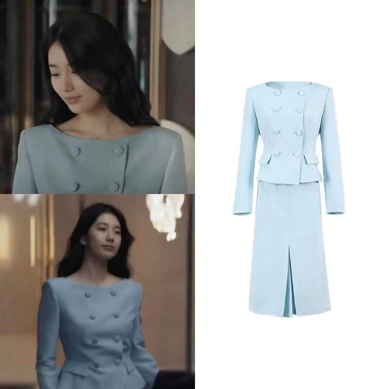 2 Pieces Set Women Double Breasted Blazer Korean Drama Star 수지 Elegant A Line Knee-Length Slit Skirt Women Two Pieces Sets bikini sets star halter tie bikini set in multicolor size l m s xl