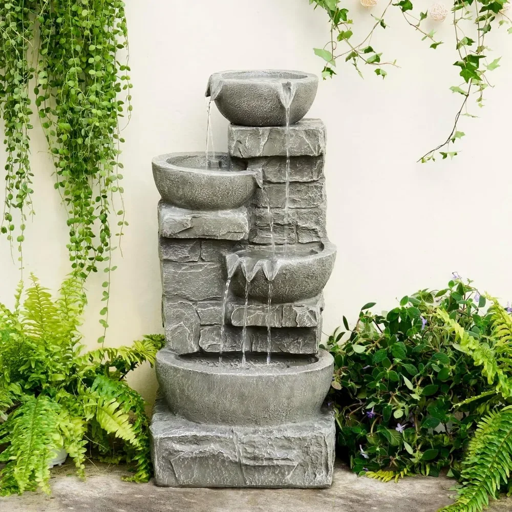 

33.25 in. Cascading Bowls and Stacked Stones LED Outdoor Water Fountain for Gardens, Landscaping, Patios, Balconies, and Lawns
