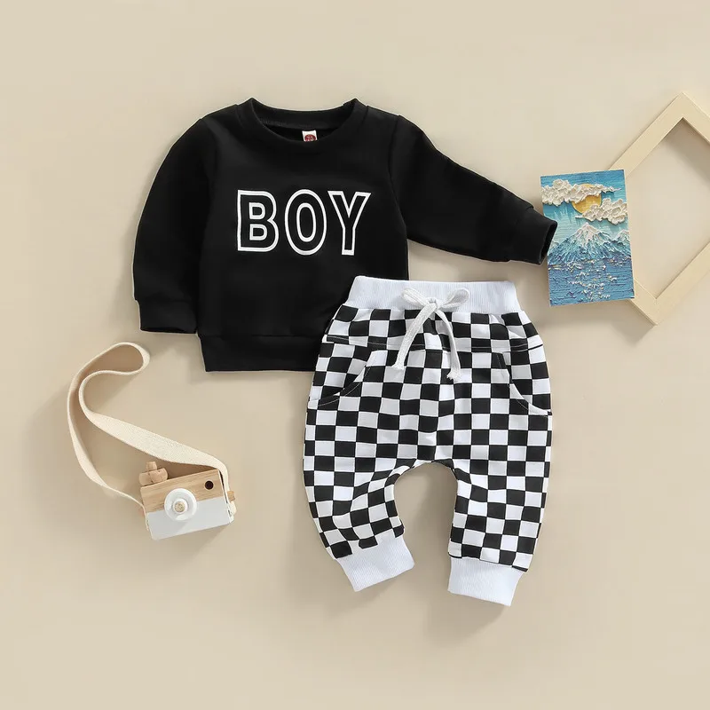 

Newborn Baby Boy Clothes Sets 2Pcs Outfits Autumn Letter Pattern Long Sleeve Round Neck Tops Checkerboard Printed Loose Trousers