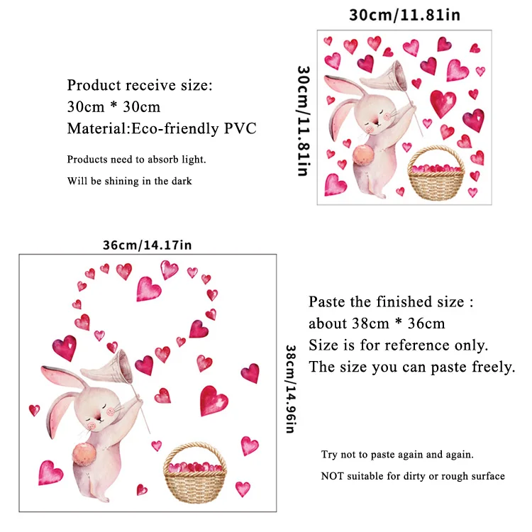 Description Picture 2 of itemCartoon Rabbit Heart Luminous Wall Sticker Kids Room Bedroom For Home Decoration Decals Glow In The Dark Self-adhesive Stickers