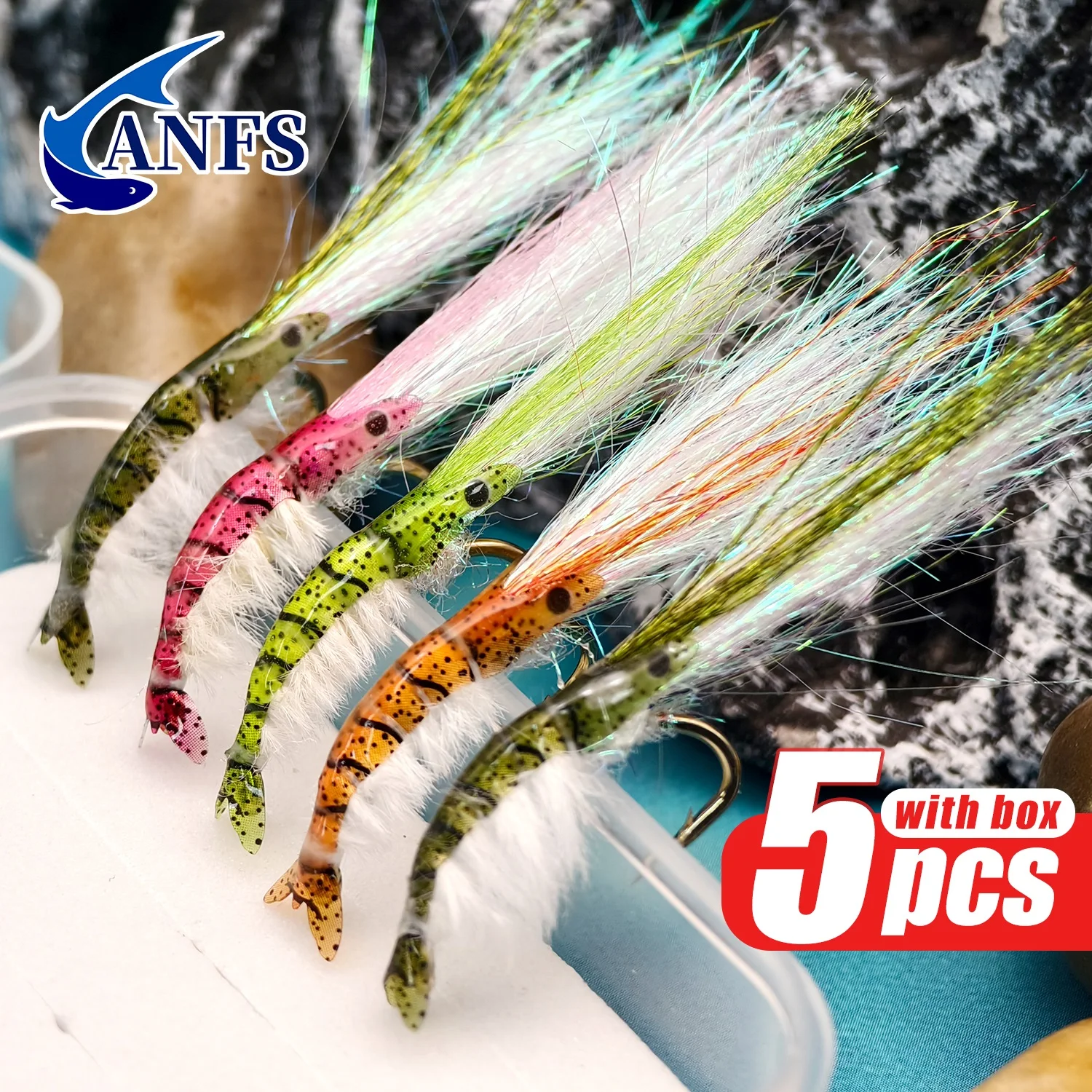 ANFS 5 Stück/Box Garnelen-Fliegen-Set, sinkende künstliche Garnelen, Forelle, Süßwasser, Fliegenfischen, Köder, Fliegenfischen, Muss