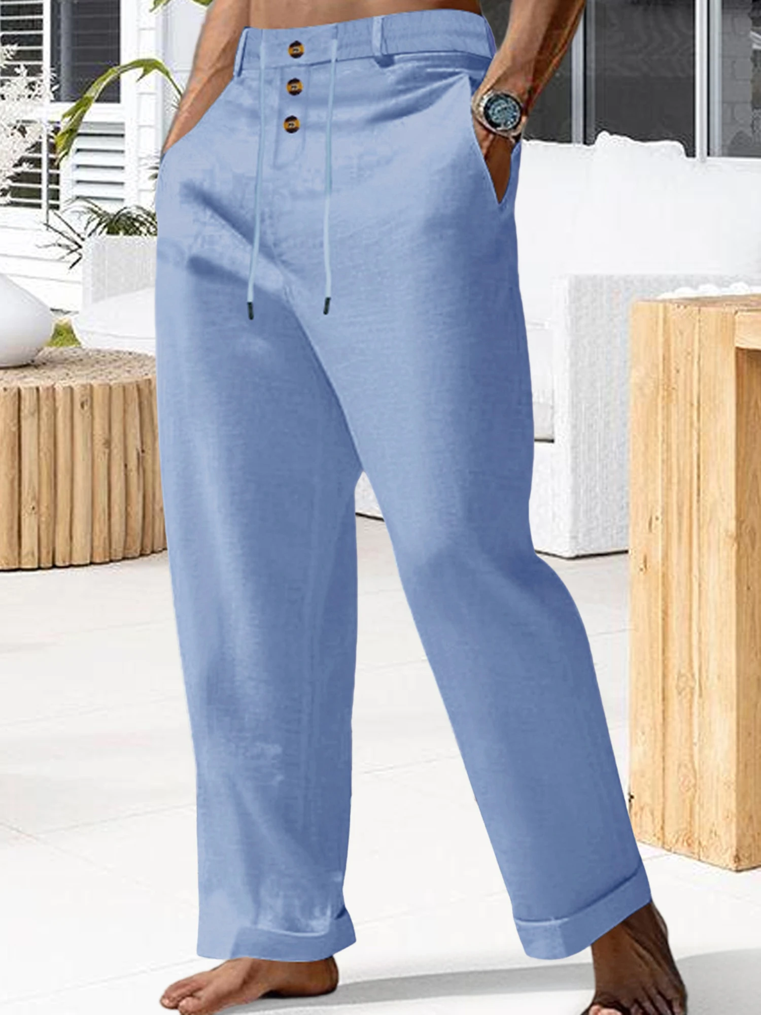 Men s Lightweight Linen Drawstring Beach Pants with High Waist and Button Front Closure for Casual Summer Lounging