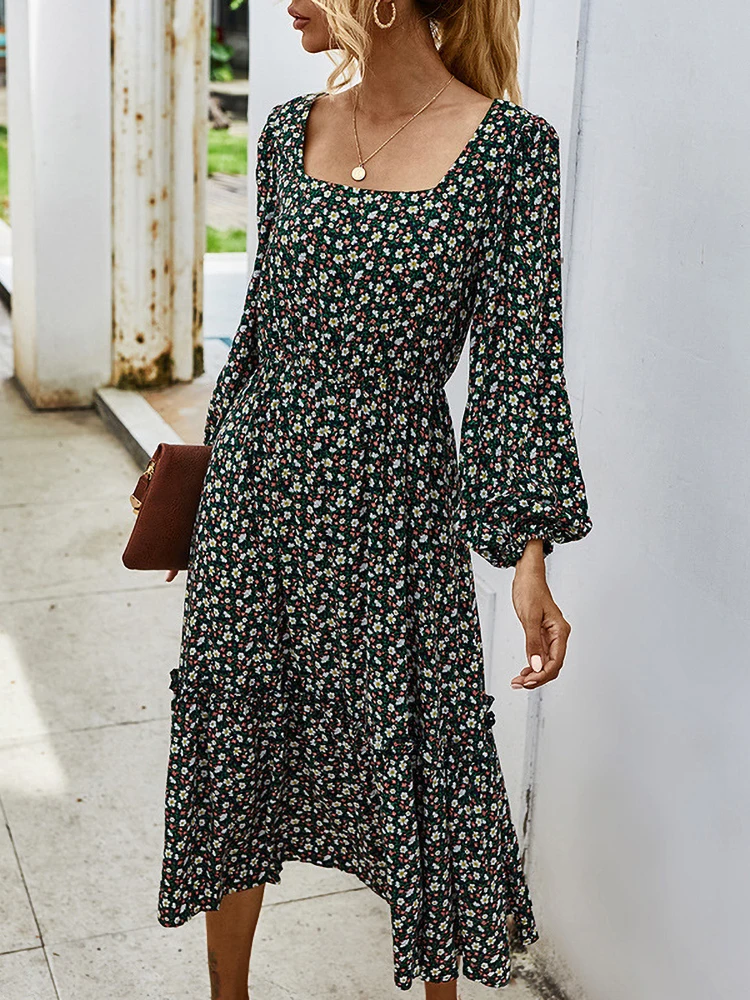  Women Long Dress Autumn Winter Long Sleeve Elegant Ladies Flower Square Collar Dresses Party 2024 Black Clothes For Woman 