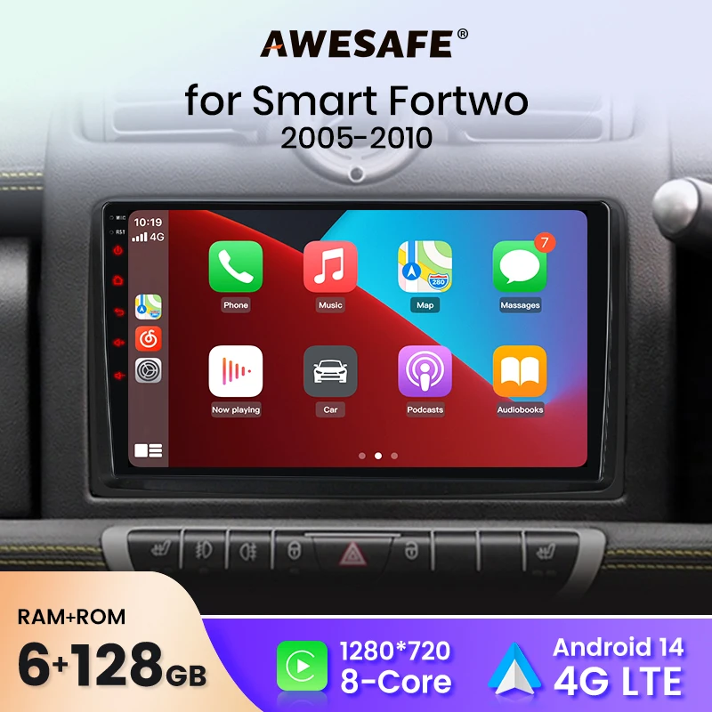 AWESAFE Wireless CarPlay Android Auto Car Radio Stereo For Mercedes-Benz Smart Fortwo 2005-2010 Car Intelligent Systems BT FM RDS Plug & Play SWC UK Shipped