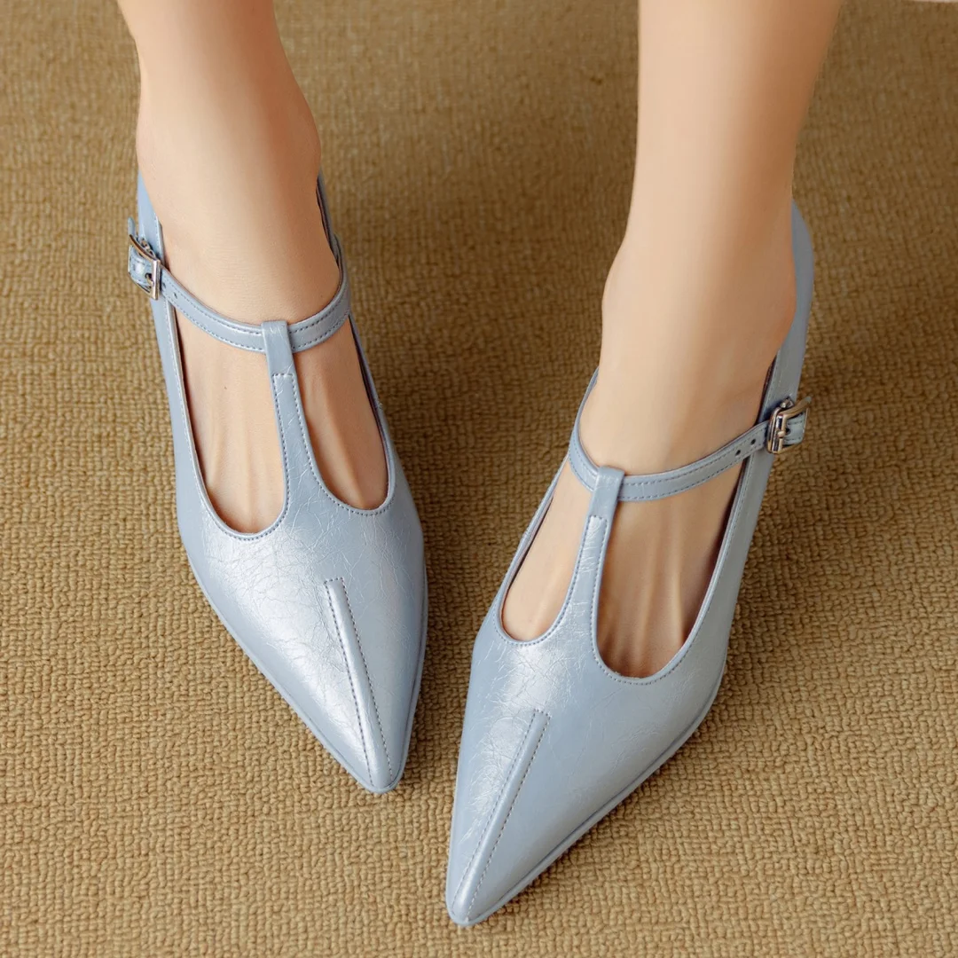 Women's genuine leather pointed toe metal buckle slip-on t-strap pumps elegant ladies 7.5cm thin high heeled daily dress shoes image