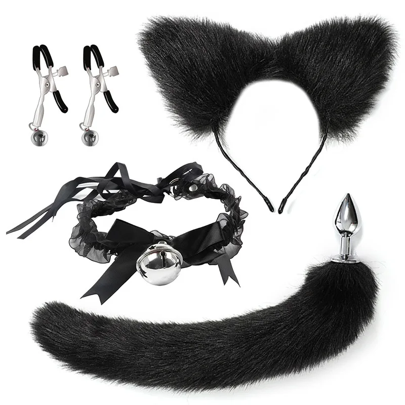 

TleMeny Cute Fox Tail Anal Plug Cat Ears Headbands Set Nipple Clip Neck Collar With Bell Erotic Cosplay Sex Toys For Women