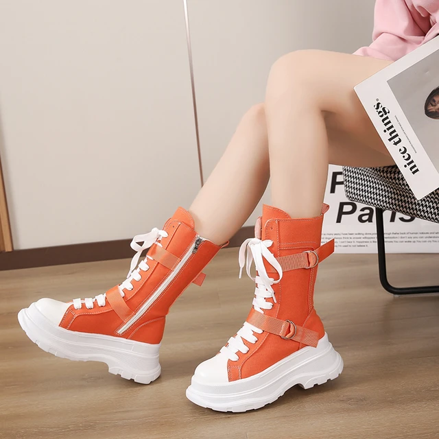 Women Boots Canvas Round Toe Mid Heel Boots for Woman Fashion Platform Lace  Up Shoes Women's Combat BootsBotas Mujer Size 35-40 - AliExpress