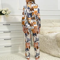 Cute Cat Print Pajama for Women Satin Long Sleeve Lapel Collar Tops & Pants Pyjama Loungewear for Fall Ladies Sleepwear Pj Sets - Image 2
