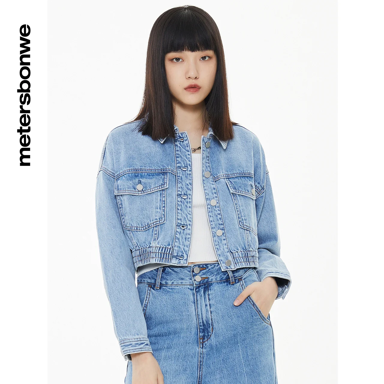 Metersbonwe-denim jacket for women, spring and autumn coat, basic, short fit, rubber band closure, brand fashion