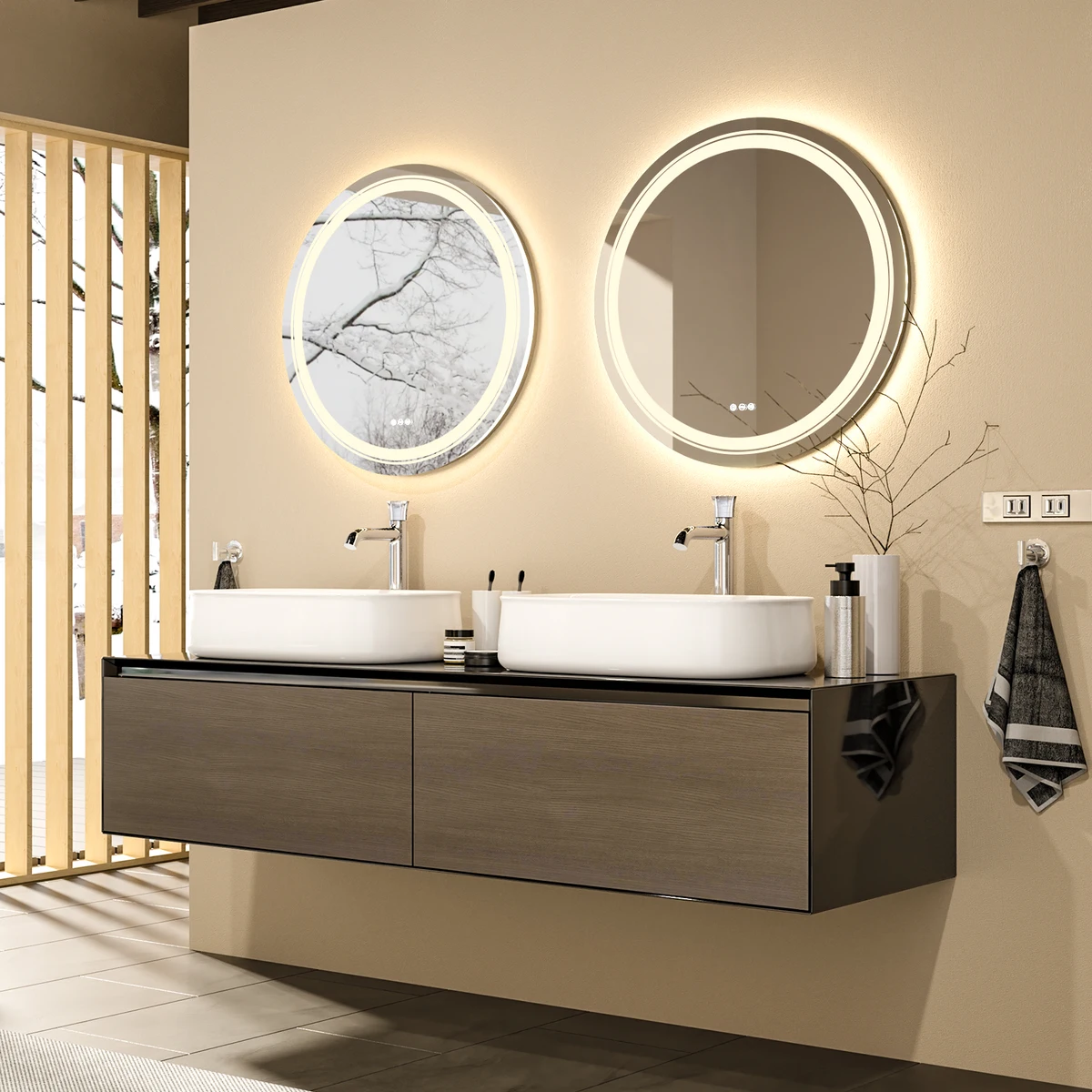 600mm LED Round Wall Mounted Vanity Mirror with Demister Pad Smart Touch Sensor Memory Function Backlit Front Lighted 3 Colors — view 2
