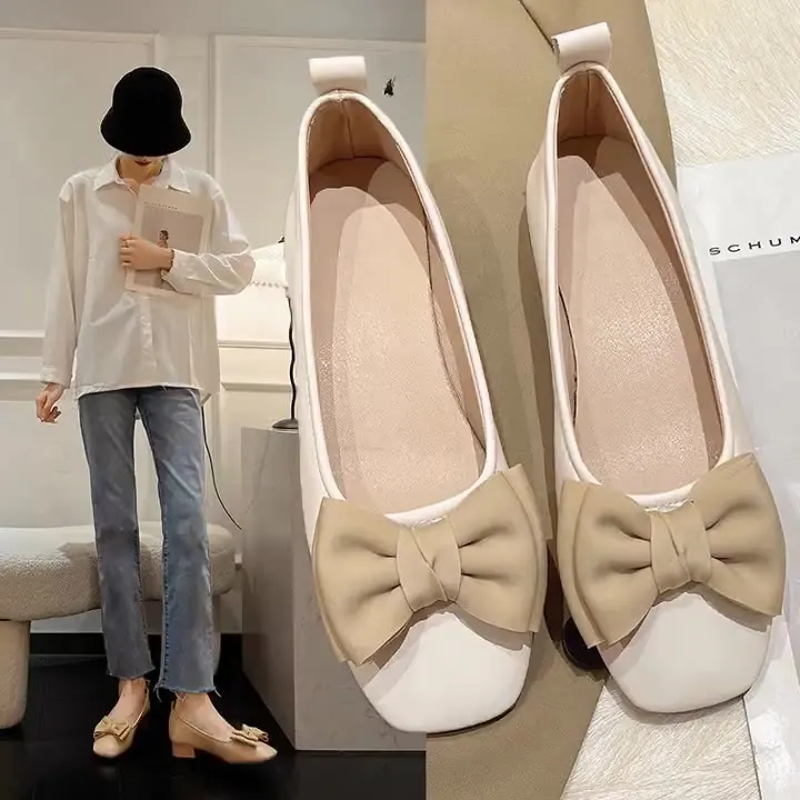 

Low Heels Casual Woman Shoe Bow-Knot Shallow Mouth Autumn Square Toe Butterfly Comfortable New Summer Fall Mary Janes PU Leisure