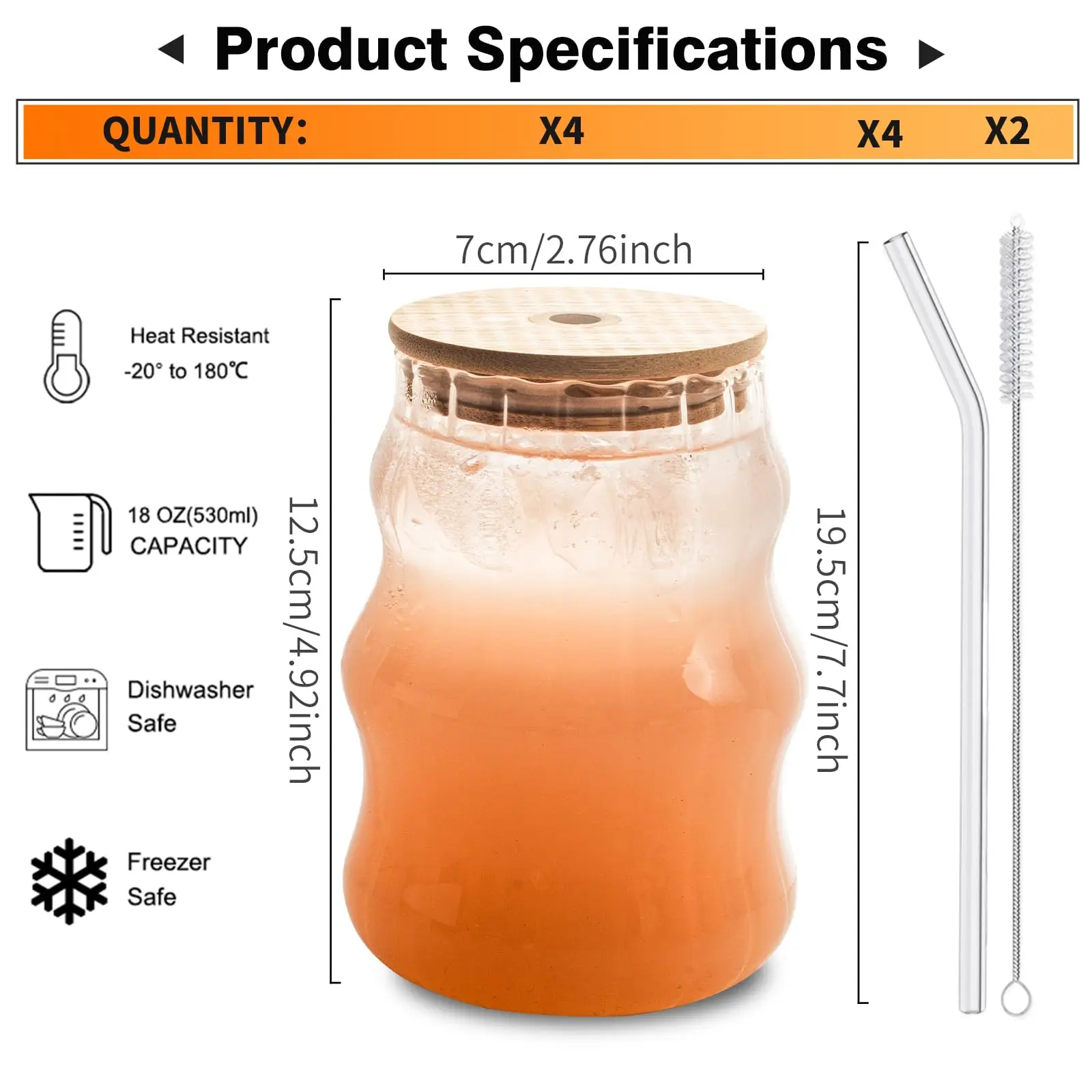 4PCS Ribbed Glass Cups With Straws With Lids Set 18Oz Vintage Drinking Glassware For Iced Coffee Beverage Milk Cocktails