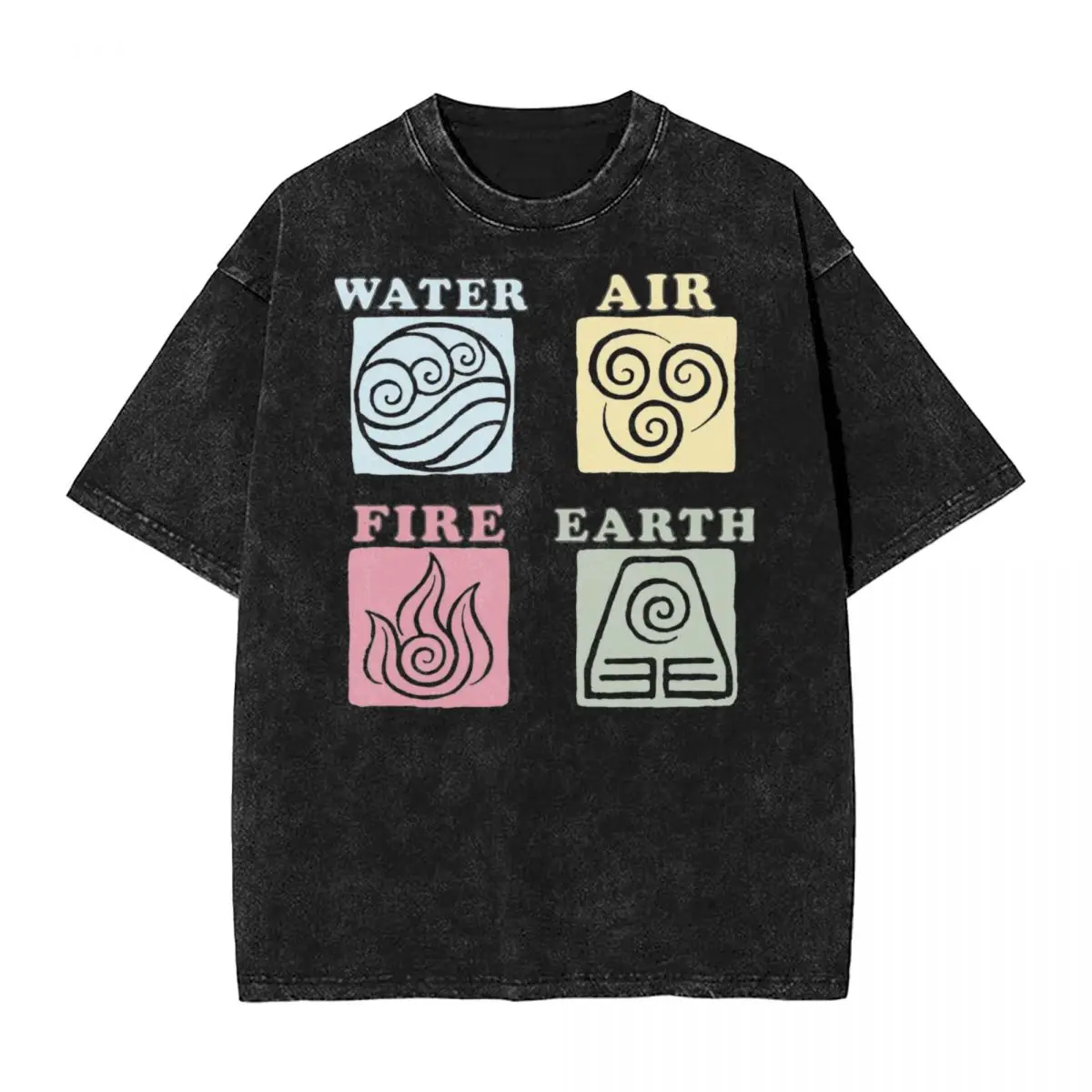 Avatar-L'Ultimo Airbender Natural Elements Box Up Sketch Washed T Shirt Streetwear Hip Hop Vintage T-Shirt Tees Uomo Cotone