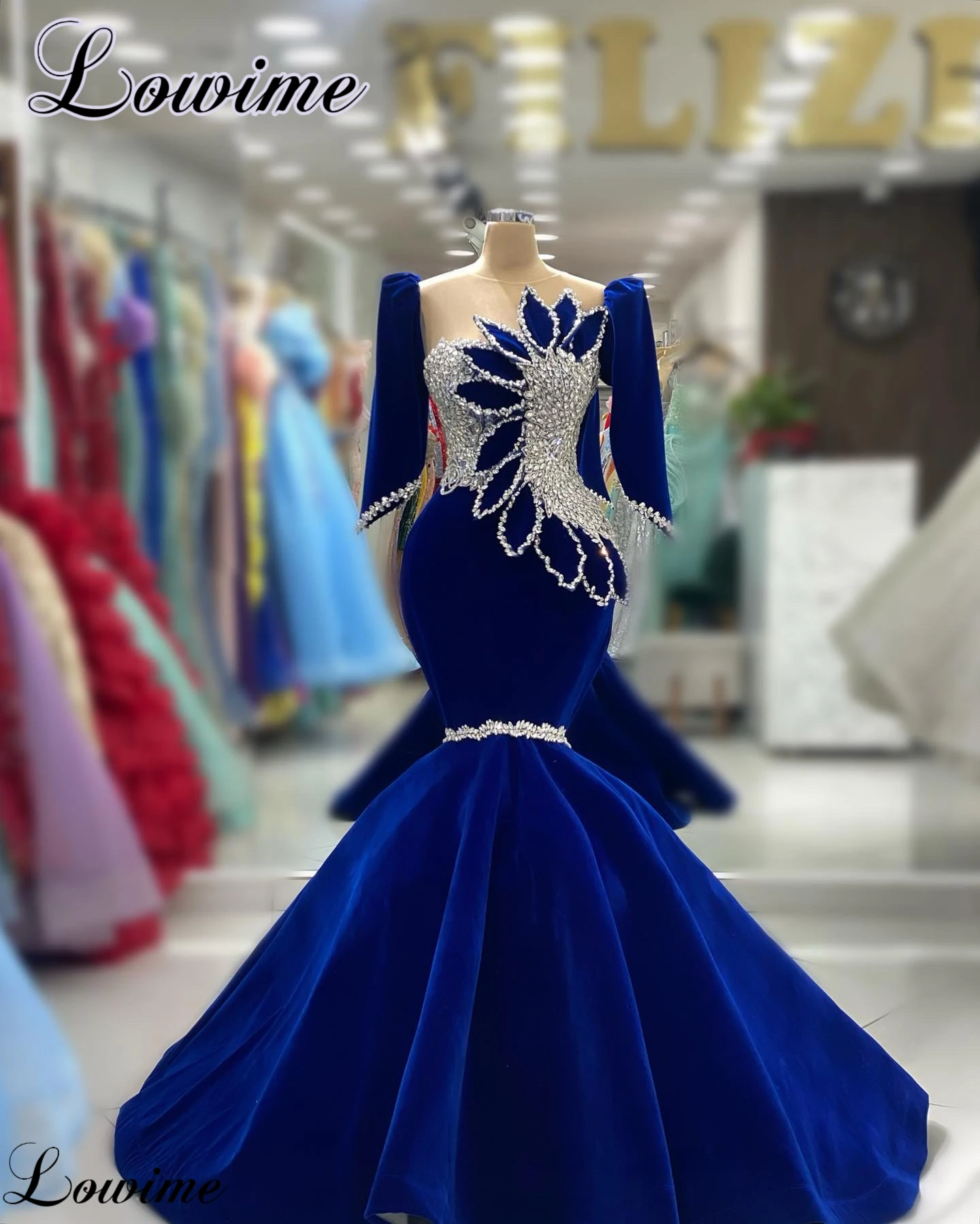 Royal Blue Mermaid 3/4 Long-Sleeve Crystal Cocktail Prom Dresses for Wedding Guests