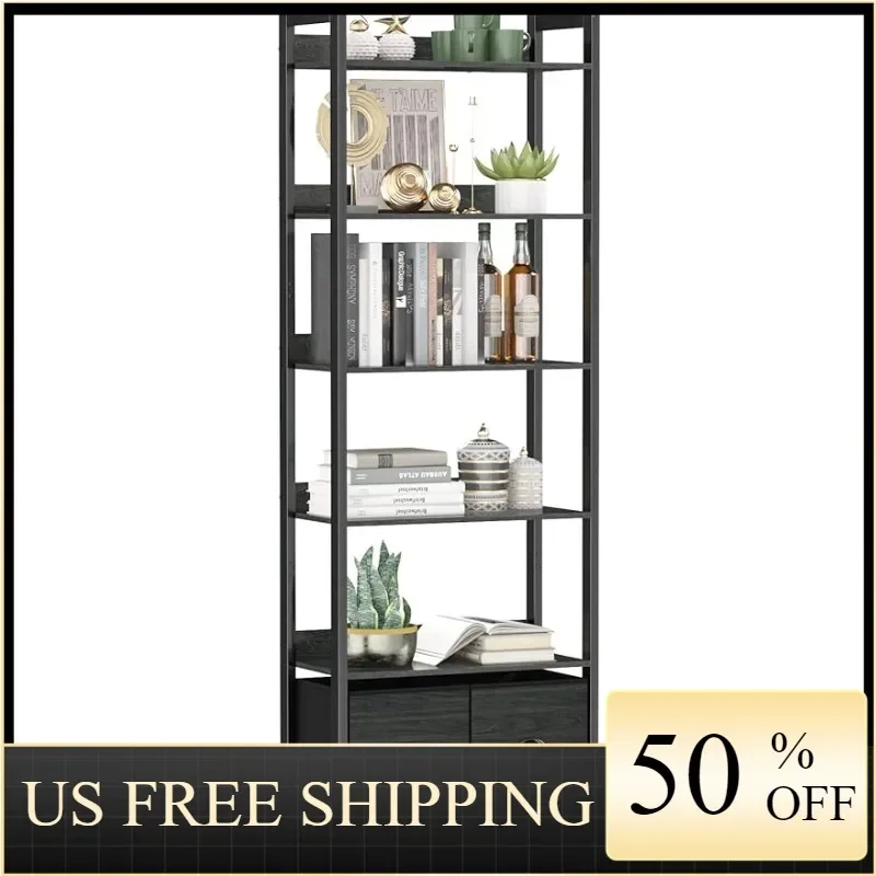 

Furologee 6-Tier Bookshelf, Tall Bookcase with 2 Drawers Storage Organizer, Industrial Display Free Standing Shelf Units
